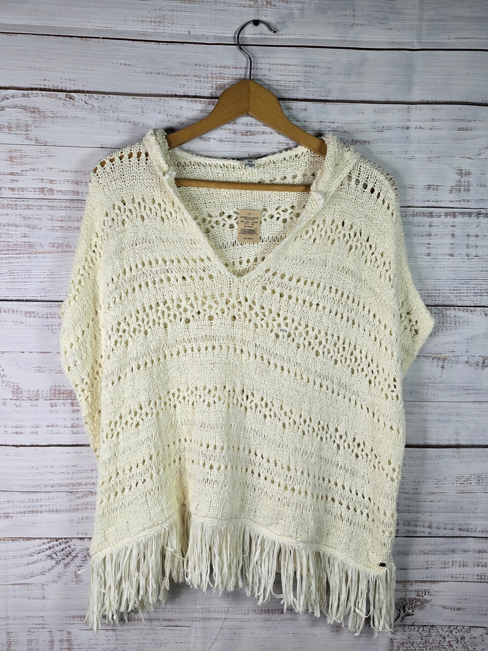 American Eagle Ivory Crochet Knit Hooded Fringe Poncho XS/S NWT